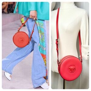 NEW! Versace Runway La Medusa Lipstick Red Leather Disco Round Crossbody Bag